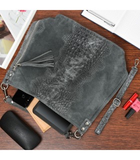Szara  torebka skórzana zamszowa CROCO shopper | Krateczka.pl