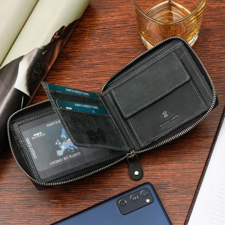 Zestaw pasek i Portfel skórzany zasuwany duży poziomy RFiD nubuk czarny Beltimore T79