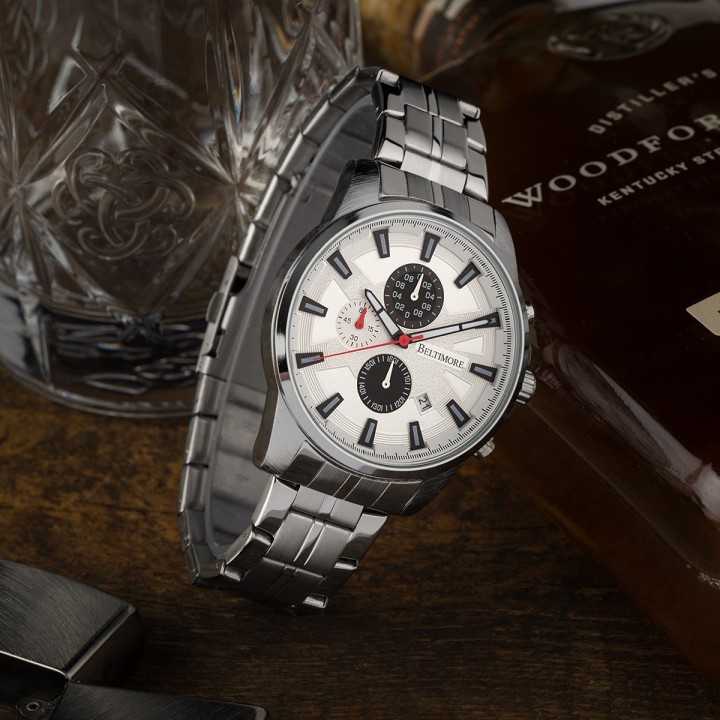 Zegarek męski bransoleta duży srebrny datownik chronograf Beltimore BT04- krateczka.pl