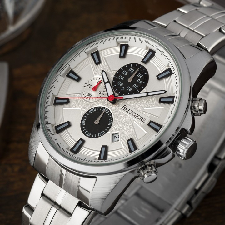 Zegarek męski bransoleta duży srebrny datownik chronograf Beltimore BT04- krateczka.pl