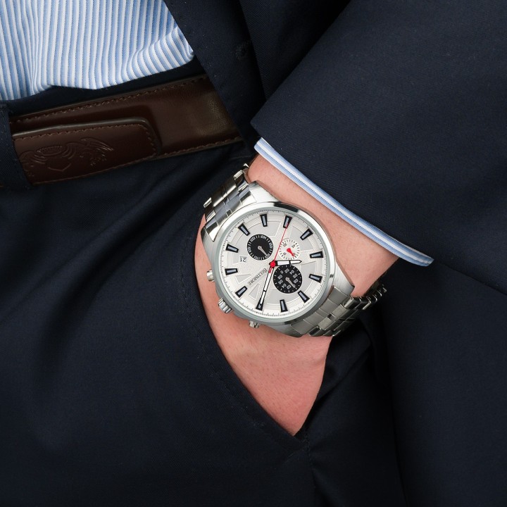 Zegarek męski bransoleta duży srebrny datownik chronograf Beltimore BT04- krateczka.pl