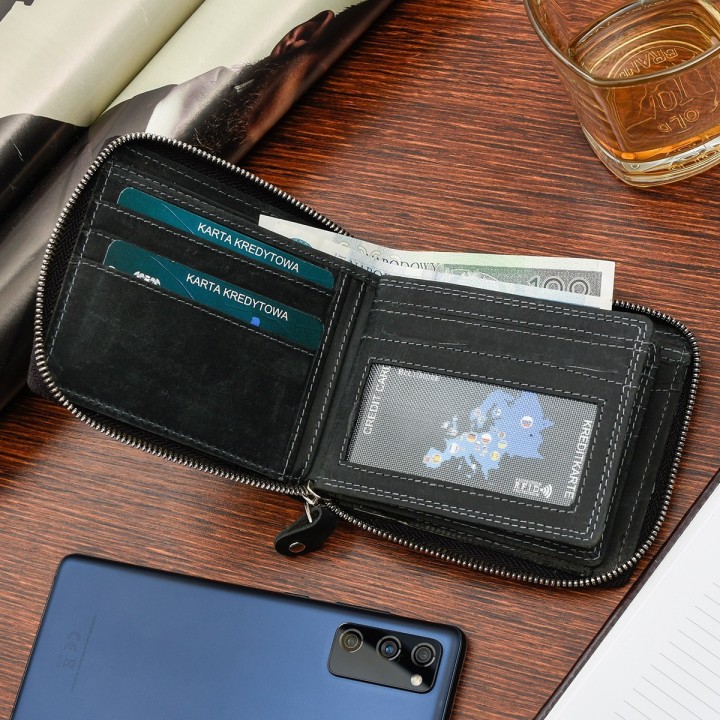 Portfel skórzany zasuwany duży poziomy RFiD nubuk czarny Beltimore H01