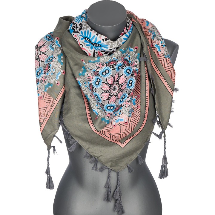 Szara chusta w kwiaty i paisley – stylowy dodatek DB-9B| Krateczka.pl