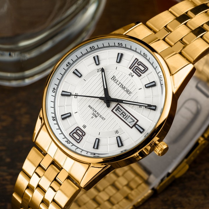Zegarek męski bransoleta duży złoty datownik chronograf Beltimore BT05- krateczka.pl