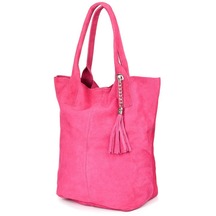 Fuksjowa Torebka skórzana zamszowa WOREK duża A4  - Krateczka.pl