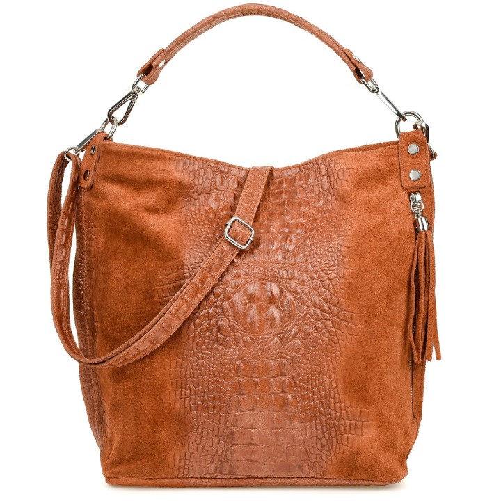 Brązowa torebka skórzana zamszowa CROCO shopper | Krateczka.pl