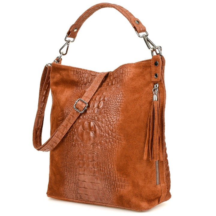 Brązowa torebka skórzana zamszowa CROCO shopper | Krateczka.pl