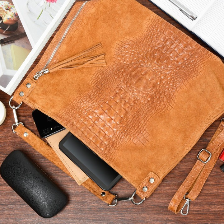 Camel torebka skórzana zamszowa CROCO shopper | Krateczka.pl
