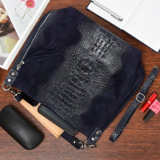Granatowa torebka skórzana zamszowa CROCO shopper | Krateczka.pl