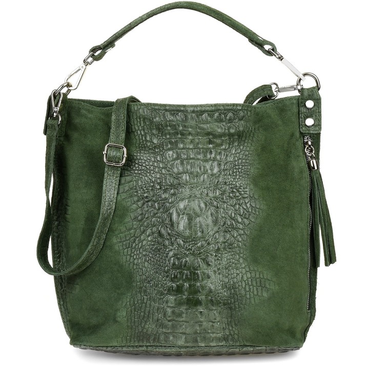 Ciemno zielona torebka skórzana zamszowa CROCO shopper | Krateczka.pl