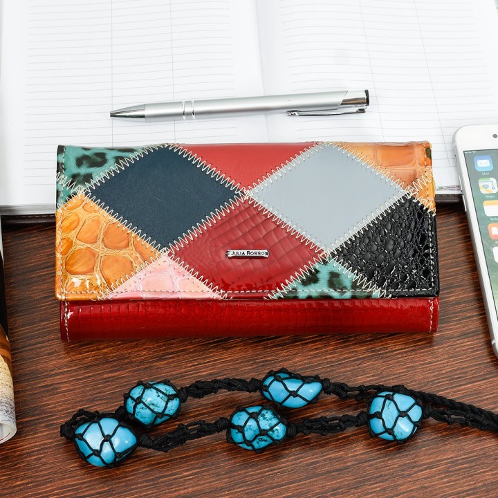 Portfel patchwork boho Julia Rososo skóra duży - Sklep Krateczka