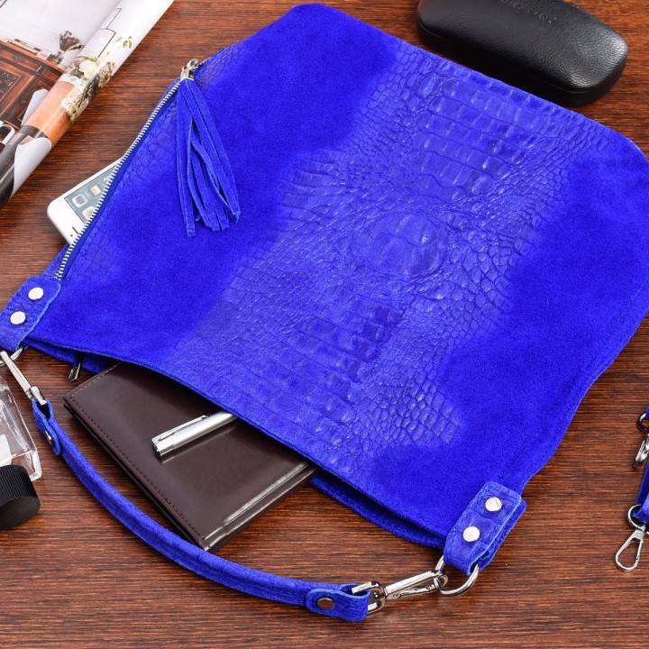 Chabrowa  torebka skórzana zamszowa CROCO shopper | Krateczka.pl